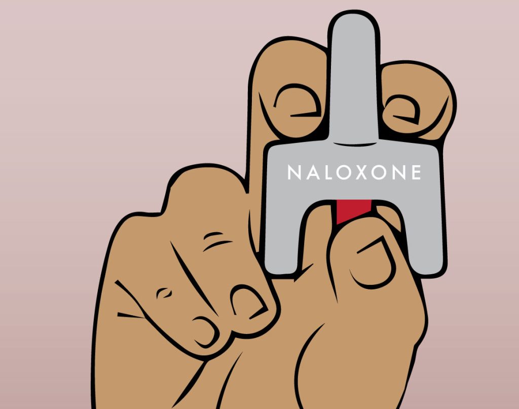 Illustration of Naloxone spray in someone's hand