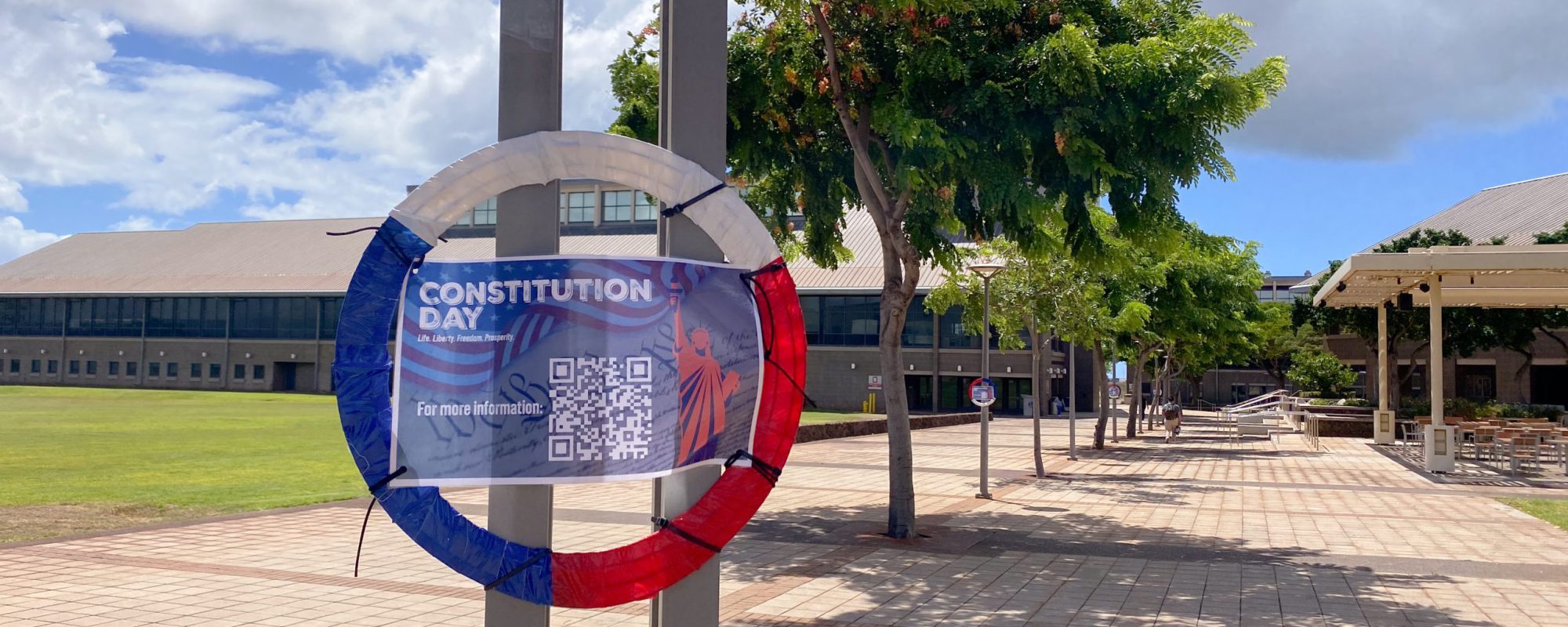 Constitution Day ring attached to a light post on the university of hawai'i, west oahu campus