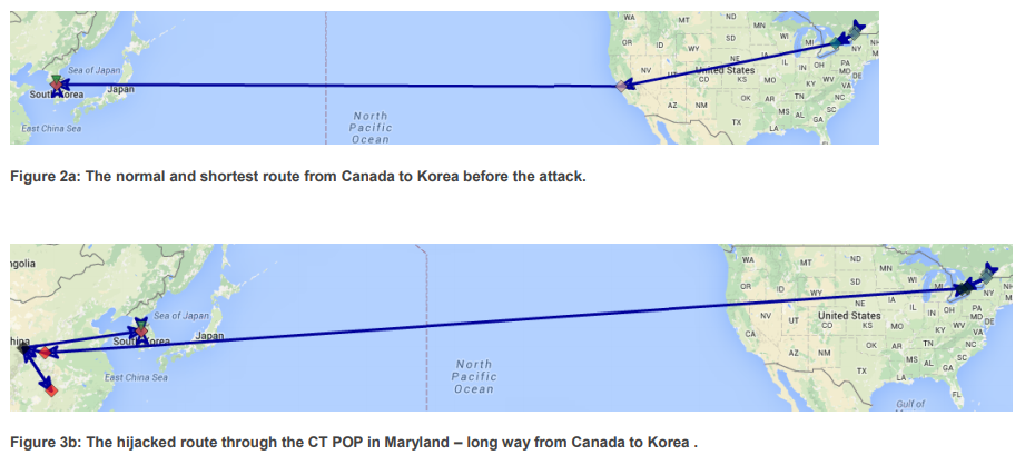 Difference between route from Canada to Korea before and after hijacking