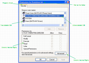 Écran de permissions pour un OS windows