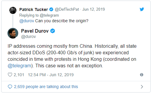 Tweet reading: IP addresses coming mostly from China. Historically, all state actor-sized DDoS (200-400 Gb/s of junk) we experienced coincided in time with protests in Hong Kong (coordinated on @Telegram). This case was not an exception
