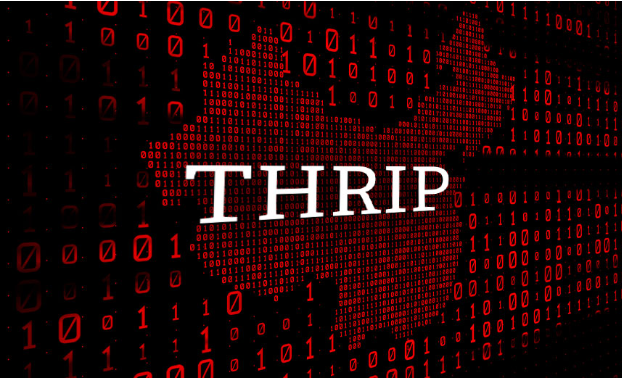 Image of the word THRIP superimposed over a binary representation of China