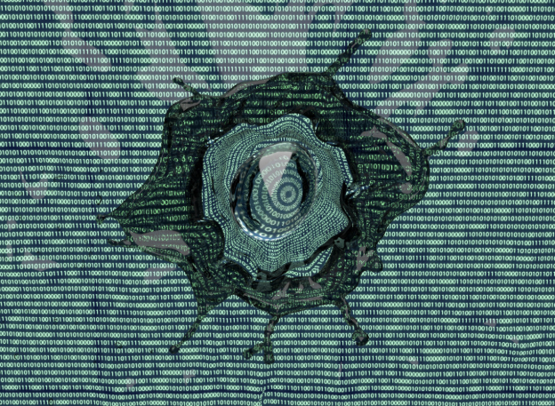 Stylized image of bullet impact on green binary code