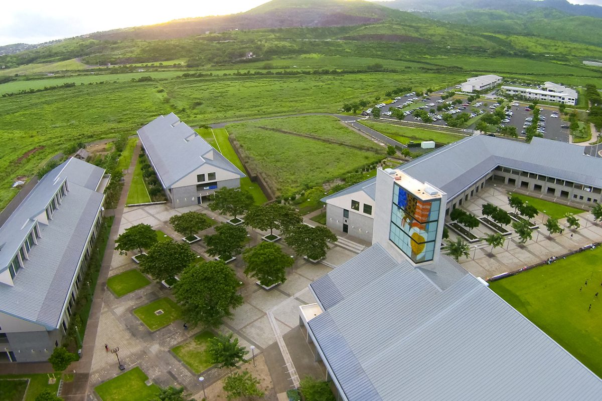 Aerial view of campus facing mauka direction.