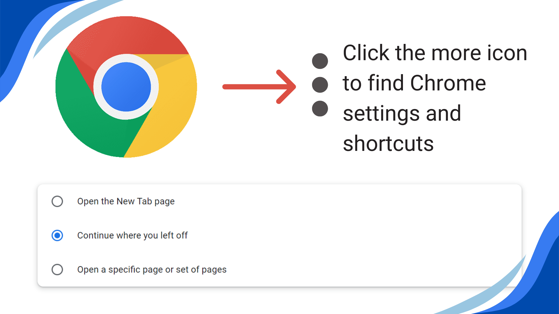 Click the more icon to find Chrome settings and shortcuts