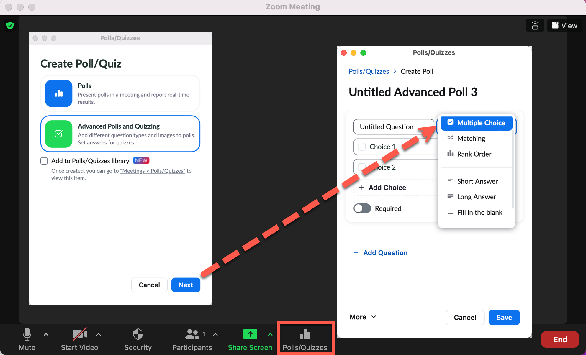 Advanced Polls and Quizzes option in Zoom meeting interface.