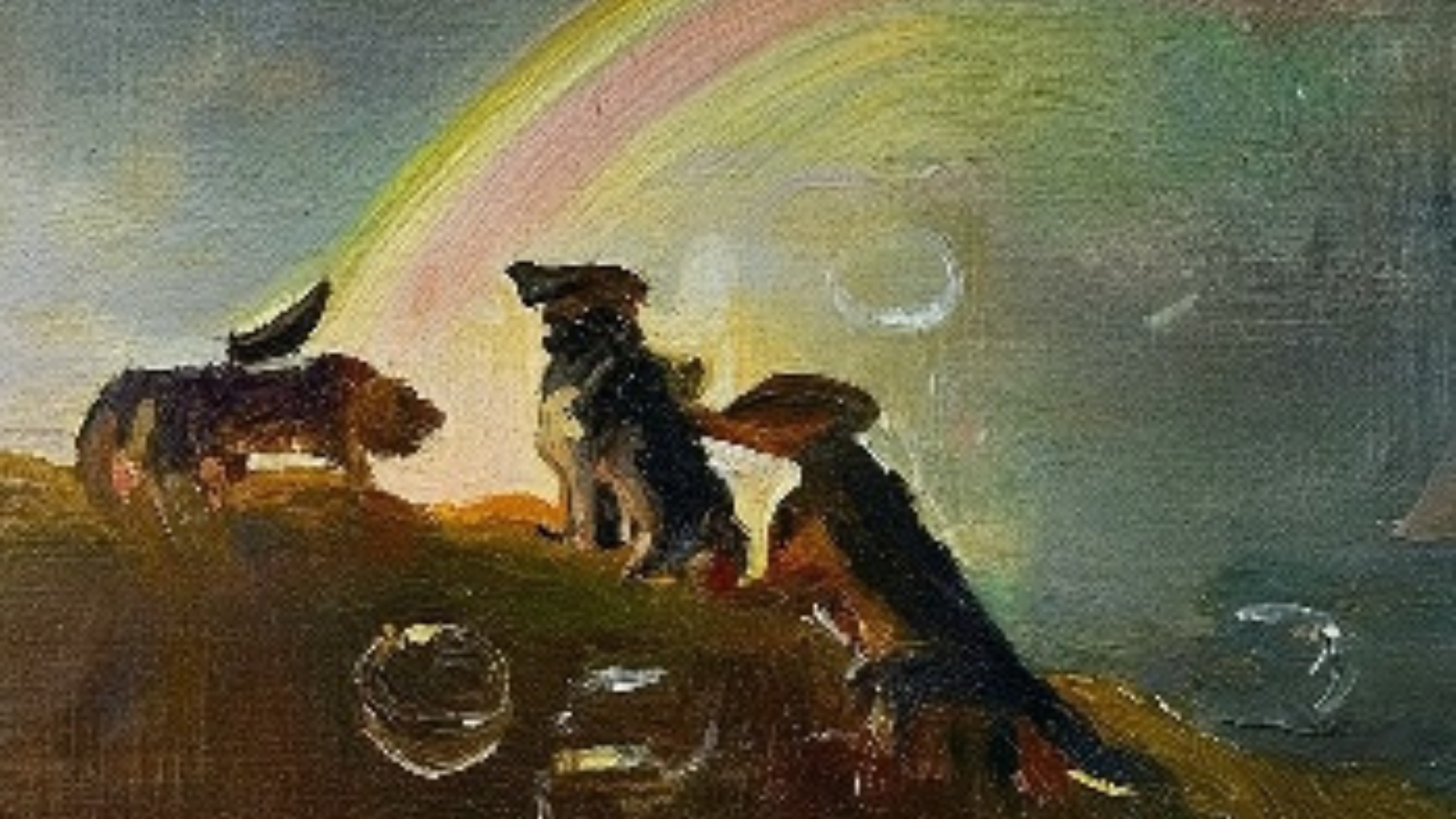 Dogs and soap bubbles under a rainbow in the style of painter Caspar David Friedrich.