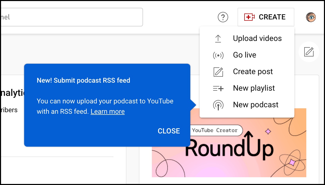 New YouTube Studio feature: Submit podcast RSS feed.