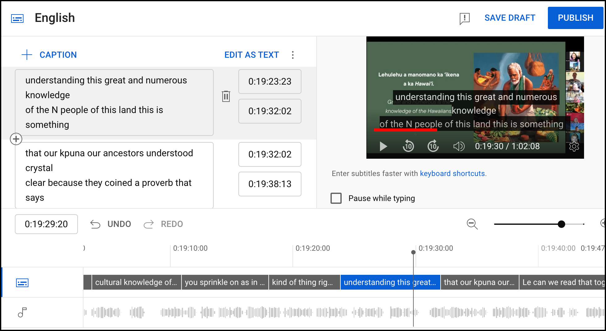 YouTube subtitles editor shows on-screen timings of CC track.
