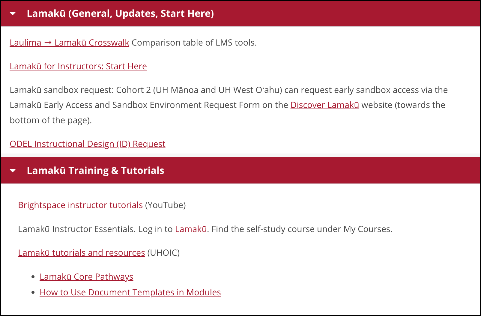 A screenshot of ODEL Faculty and Staff page Lamakū resources.