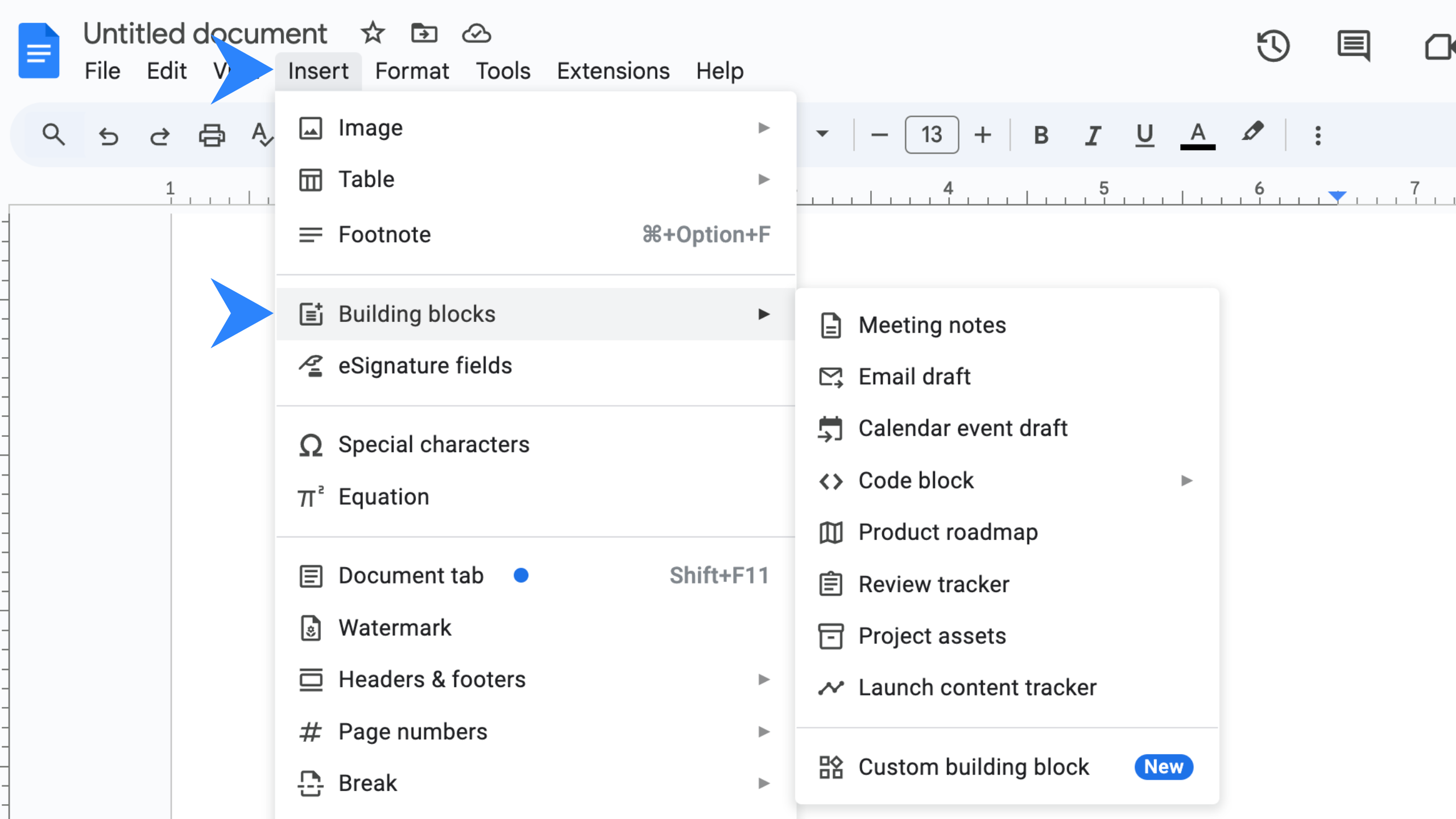 Google Docs Insert tab opens to reveal Building Blocks