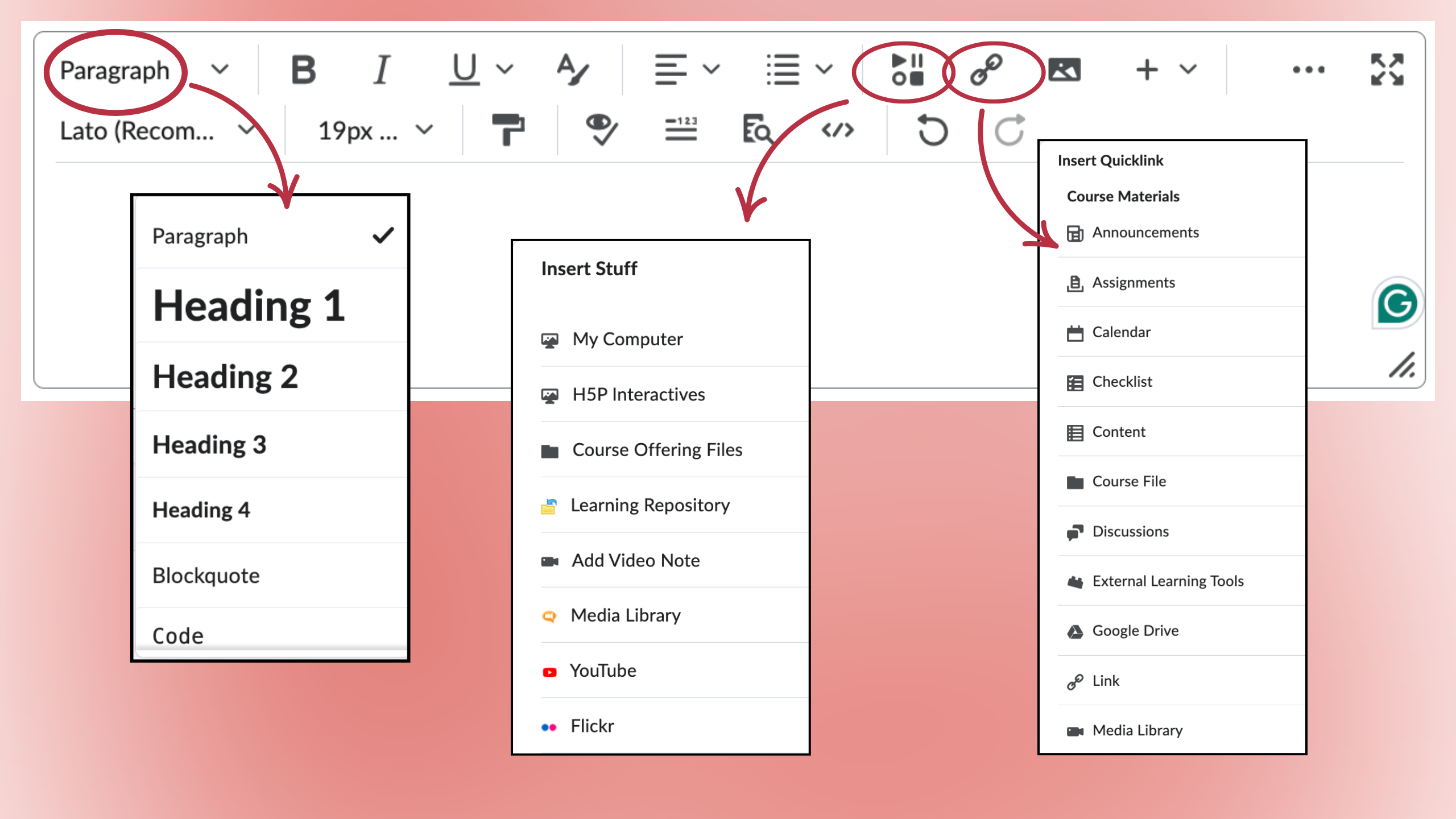 Brightspace Editor tool menus are extended for Paragraph, Insert Stuff and Quicklink.