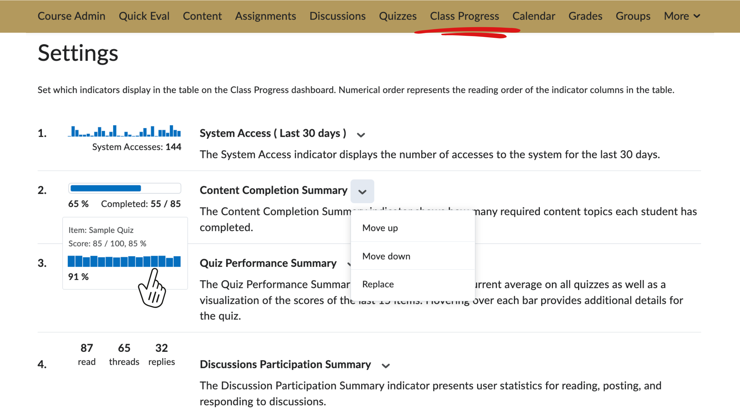 The Class Progress tool is open to Settings with the context menu extended for Content Completion Summary.