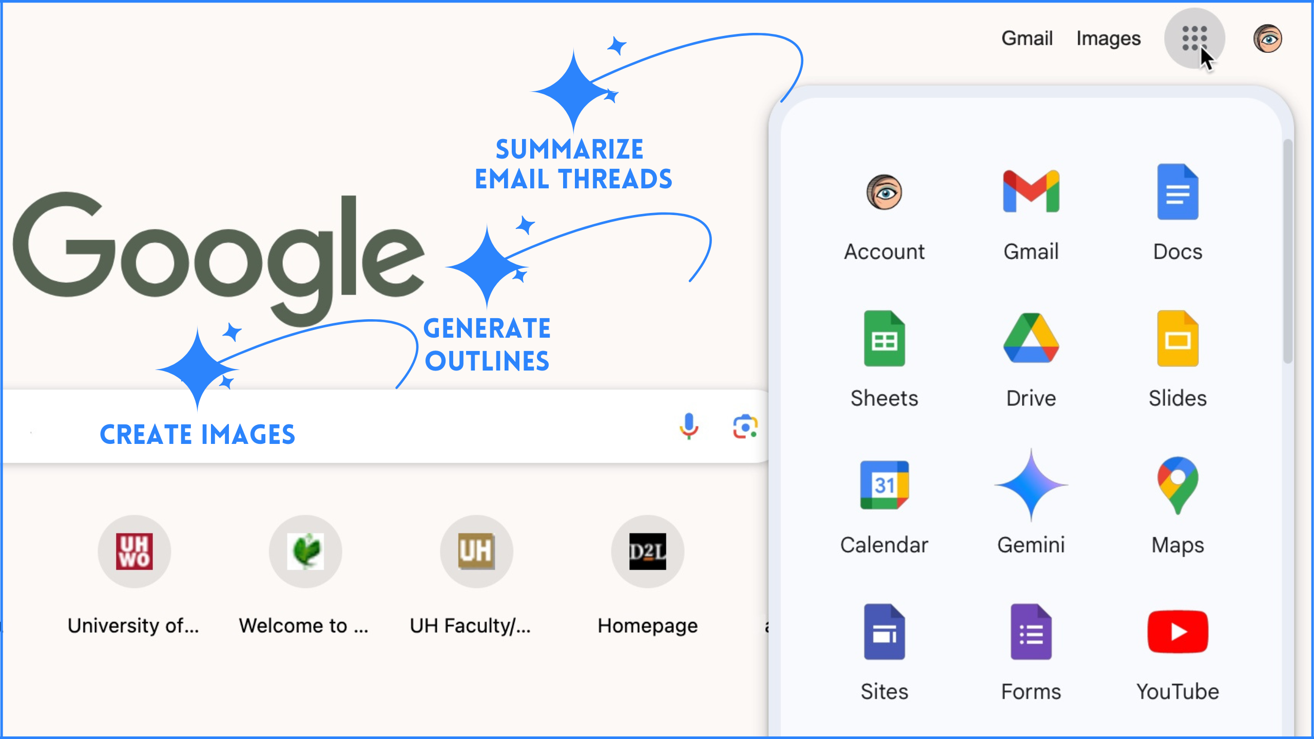 UH Google Apps menu opened to reveal Gemini app.