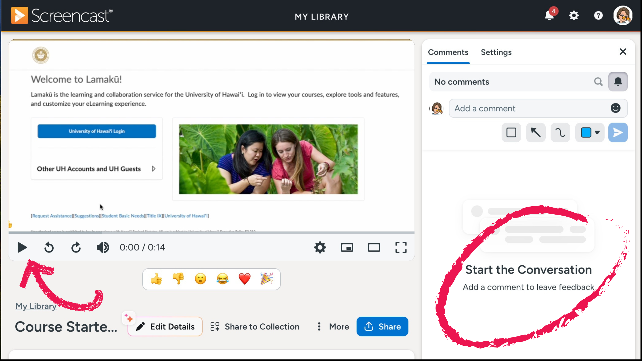 Screenshot of Screencast video viewer and comments panel.