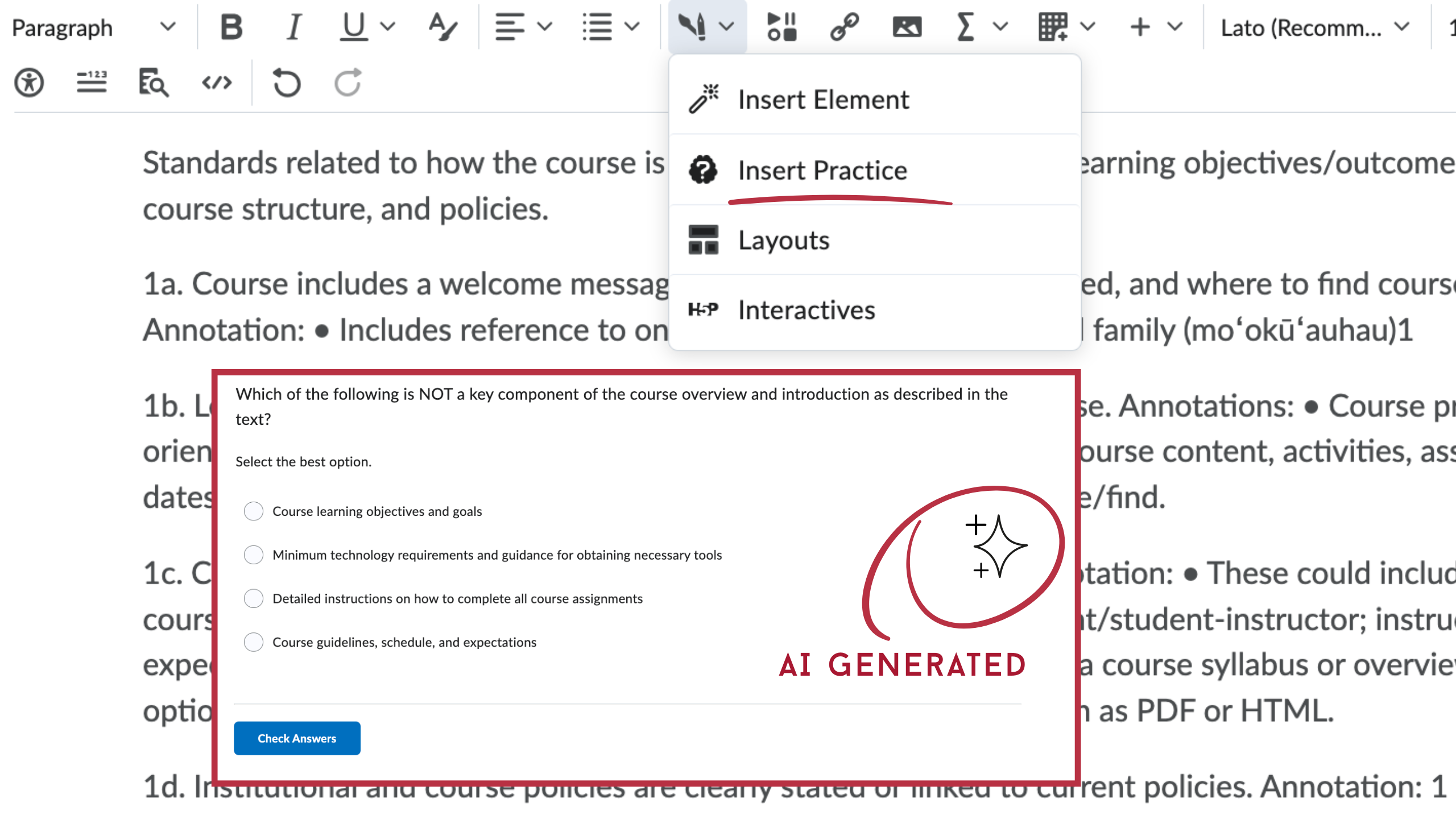 Brightspace editorʻs authoring tool opened to reveal the Insert Practice option with an AI-generated question pictured below.