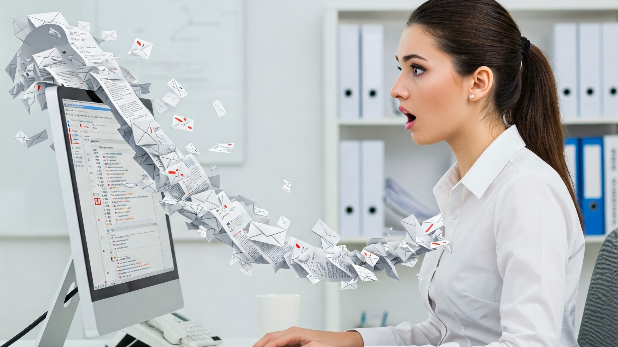 An Gmail tsunami overflows a computer monitor and swamps an admin worker.