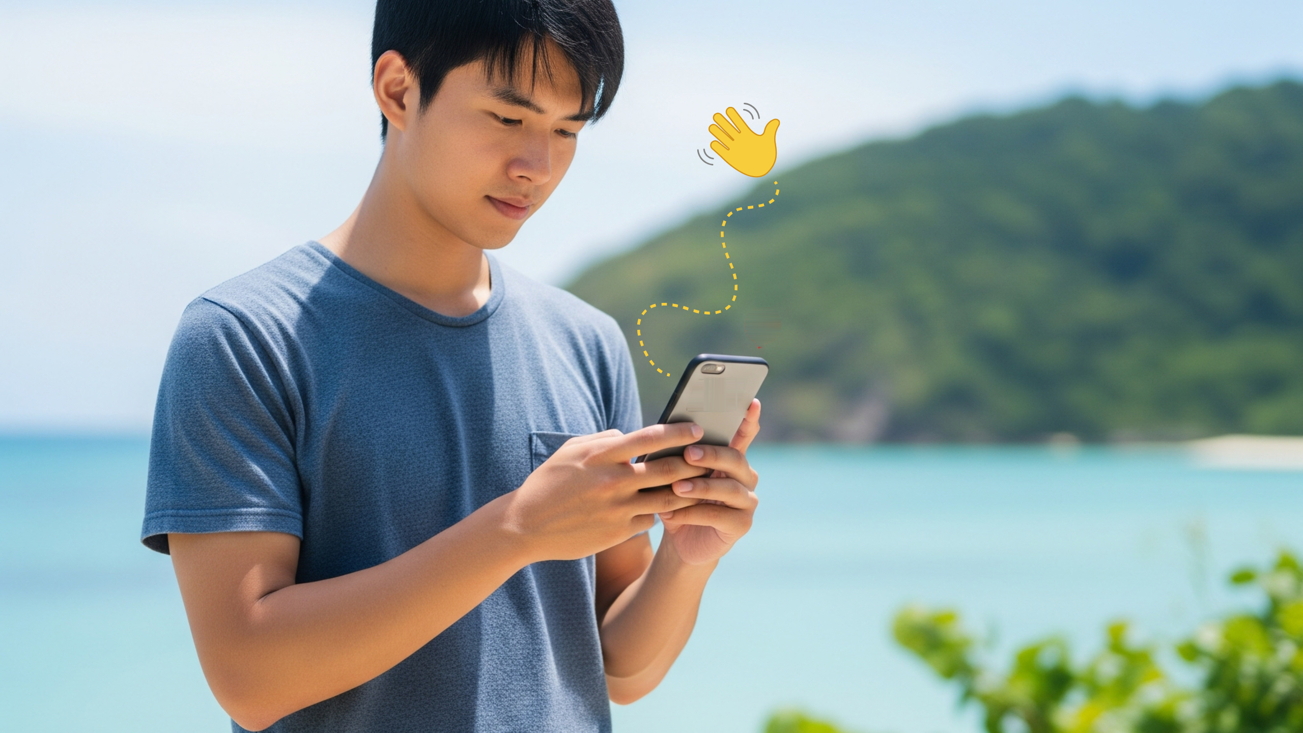 Male student sees consults his cellphone on the beach.