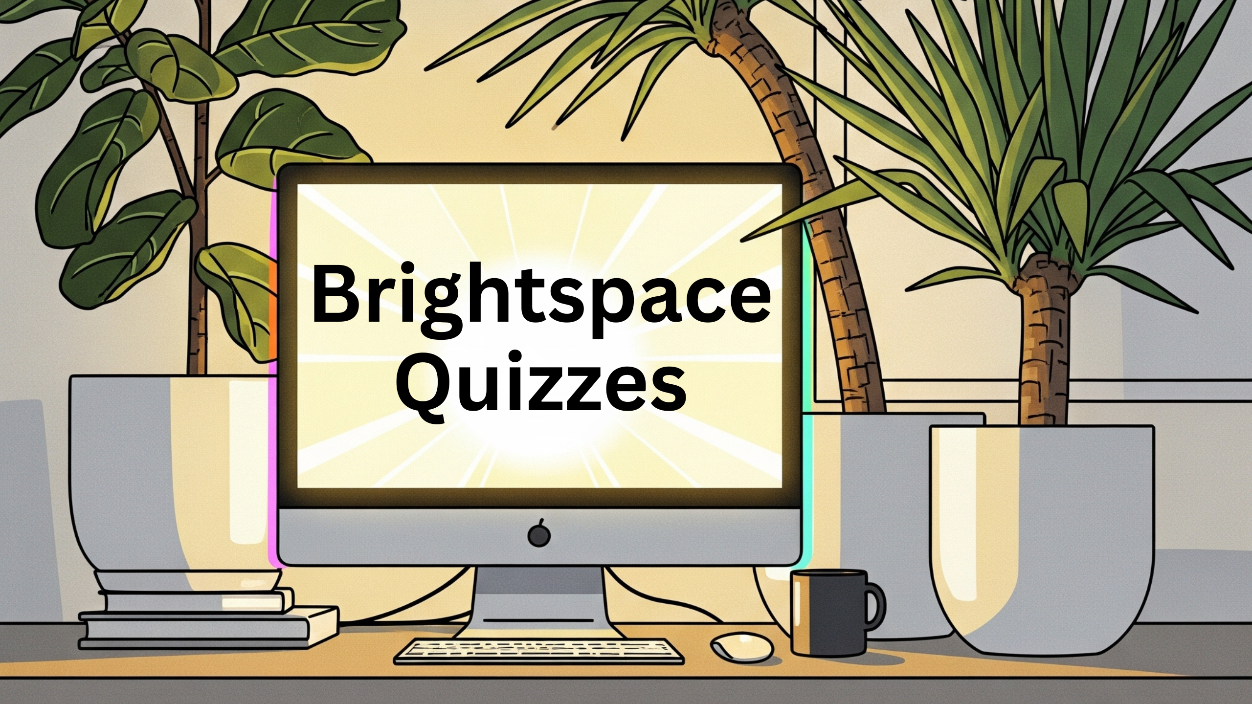 Potted plants lean in to the glow of a monitor reading Brightspace Quizzes.