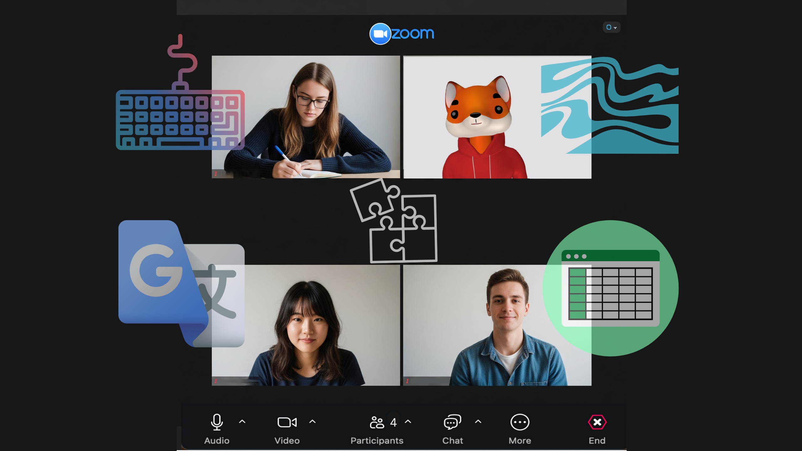 Four college students appear in a Zoom meeting with puzzle pieces suggesting collaboration.