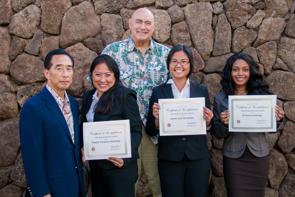 UH West Oʻahu award-winning students with Faculty Advisor and Associate Professor of Accounting Dr. Franklin T. Kudo and Chancellor Rockne Freitas. From left to right: Franklin T. Kudo, Valerie Torikawa-Domingo, Rockne Freitas, Jennie Ann Christman, and Brittiney Santiago. 
