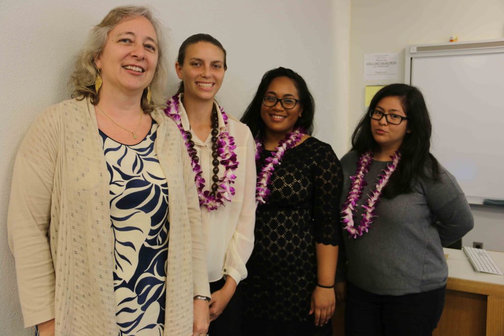 Dr. Brenda Machosky, Tiffany Shelton, Kuʻualoha Kauanoe-Luda, and Dexsie Marcos at the Humanities Student Conference on April 29. 