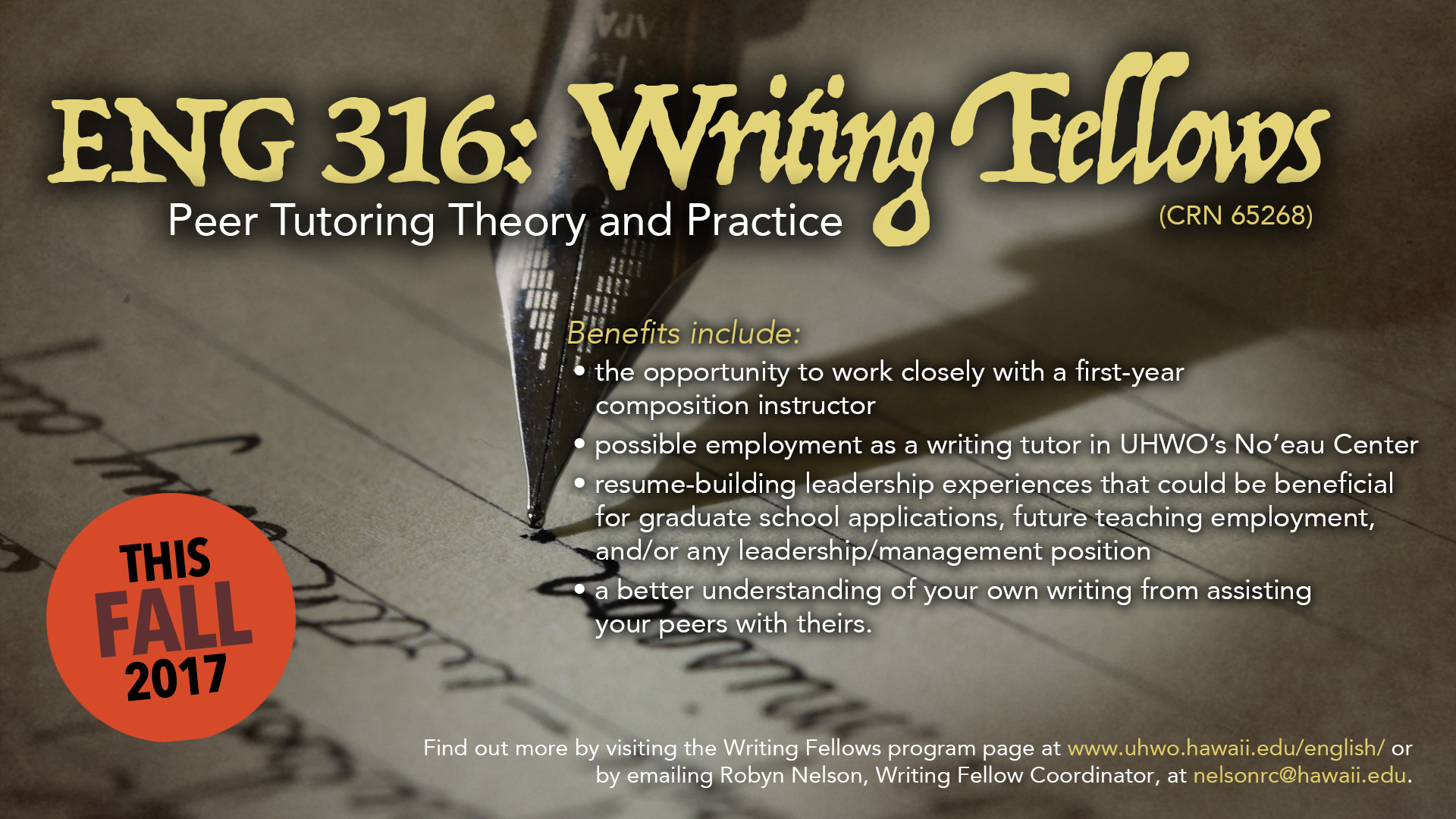 ENG 316: Writing Fellows Program flyer