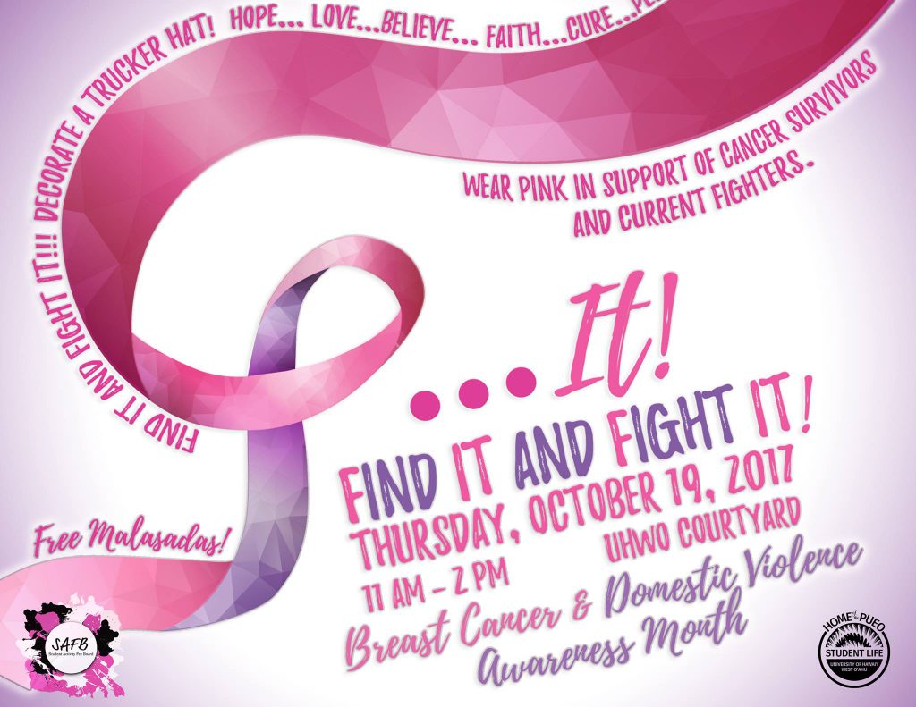 Flyer advertising courtyard event for Breast Cancer and Domestic Violence Awareness Month Oct. 19 11 a.m. to 2 p.m.