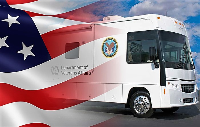 Graphic of vet center van and U.S. flag