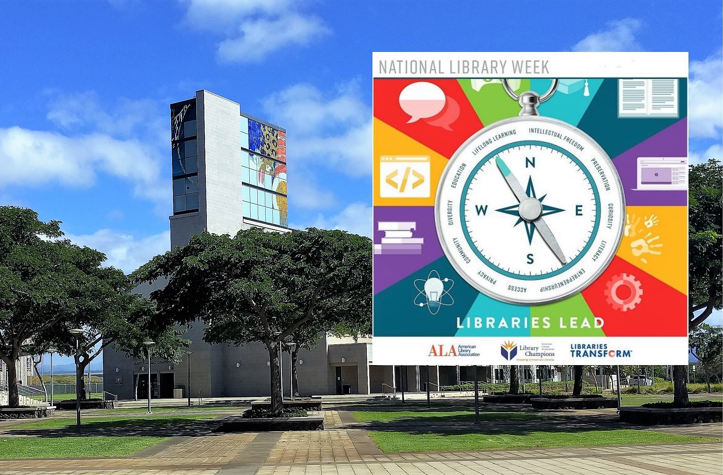 Photo of the library building with the library week logo inset in the picture