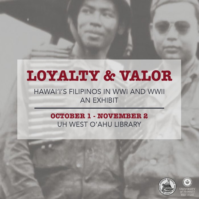 Square flyer for exhibit. Background is photo of filipino soldiers with headline Loyalty & Valor