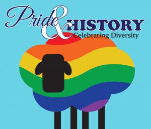 Graphic with a rainbow sheep over a blue background with the title Pride and History Celebrating Diversity