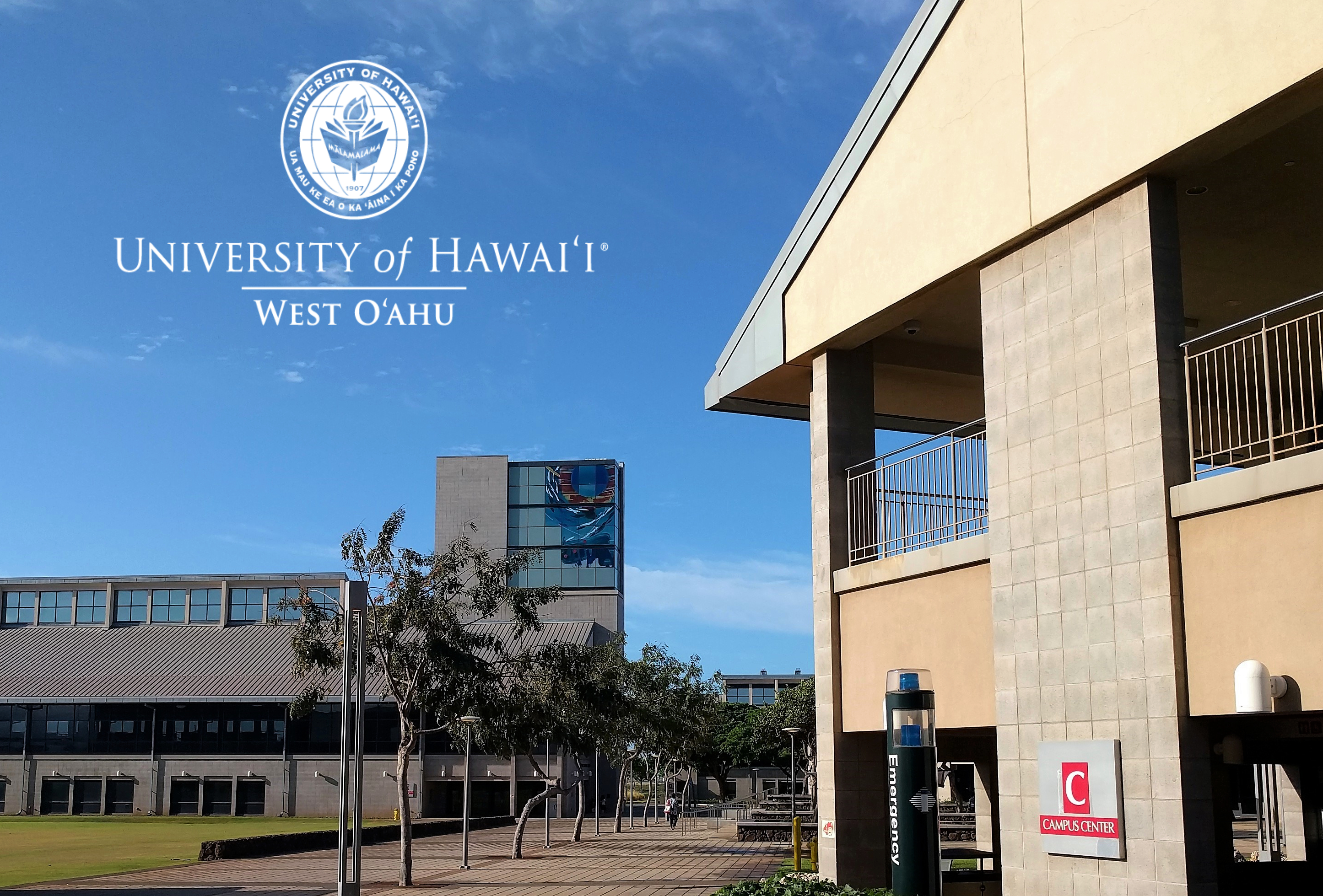 Photo of campus with a white logo for UH West Oahu