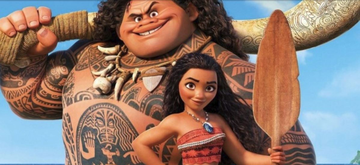 image grab from movie Moana showing characters Maui and Moana