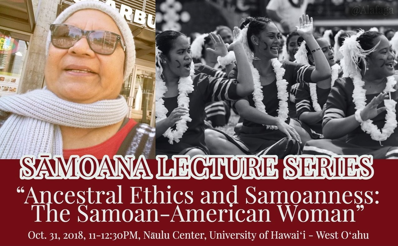 Part of flier for lecture showing picture of speaker, samoan women, and time and place of lecture