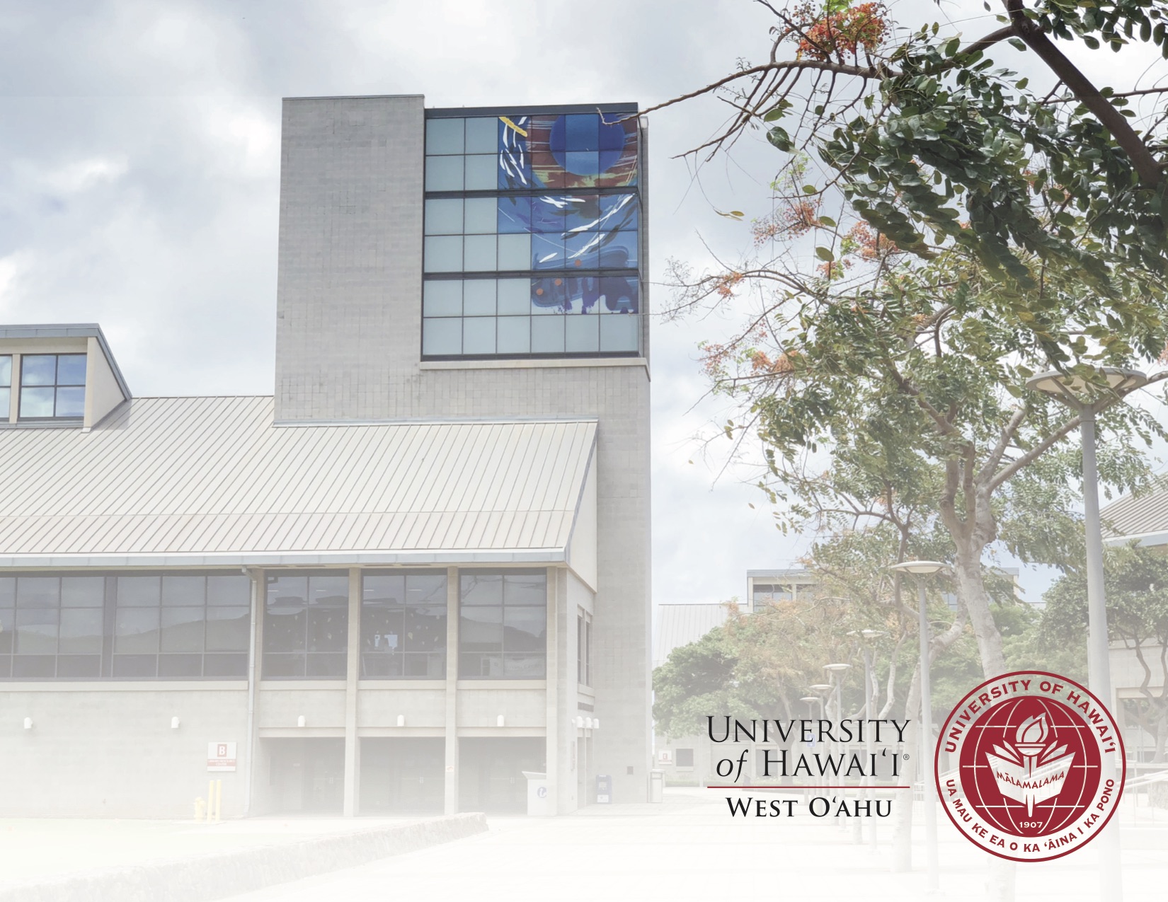 Photo of Library Tower with a white screen over entire picture. In right lower corner is a red logo of the university