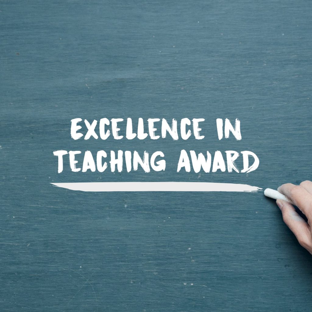 Illustration of someone writing on a chalkboard with the words Excellence in Teaching Award