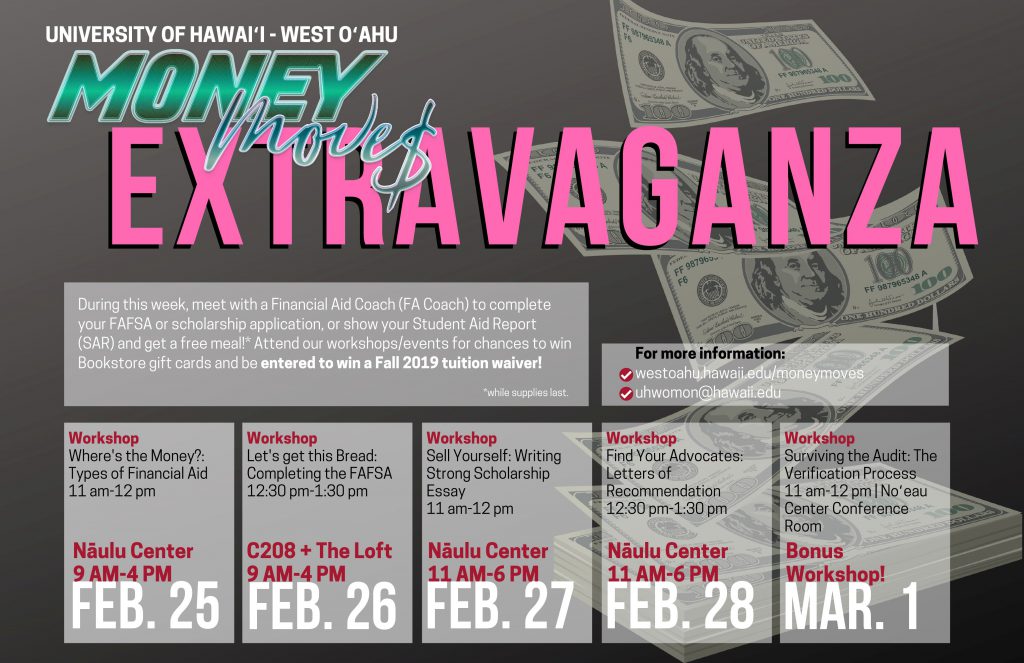Flier for Money Move$ Extravaganza, listing out workshops running Feb. 25 to March 1 on the UH West Oahu campus. 