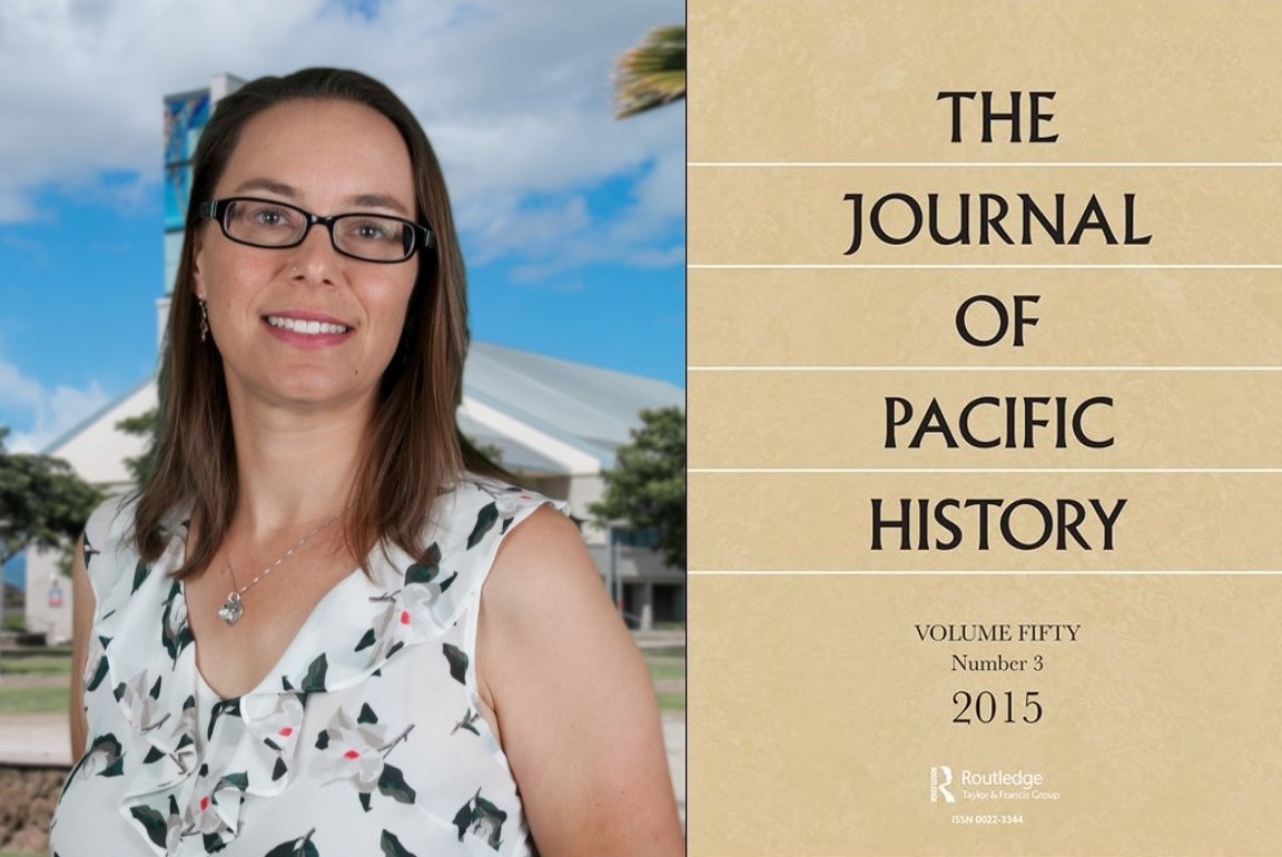 A montage of two images. On the left is a photo of Dr. Monica LaBriola, a UH West Oahu history assistant professor. On the right is a shot of the cover of The Journal of Pacific History.