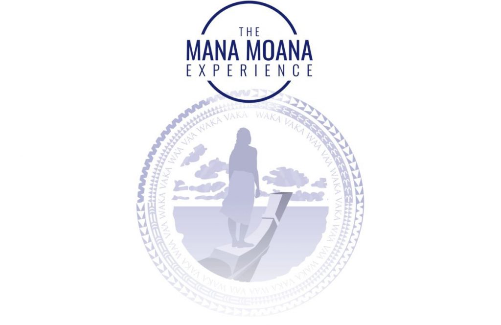 Logo for The Mana Moana Experience with a silhoutte of someone wearing a malo standing at the front of a sailing canoe looking off at the horizon