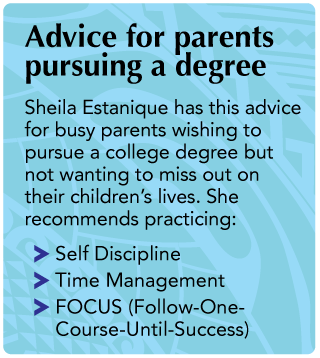 Text box with headline that says Advice for parents pursuing a degree. The text body says Sheila Estanique has this advice for busy parents wishing to pursue a college degree but not wanting to miss out on their children's lives. She recommends practicing: · Self Discipline · Time Management · FOCUS (Follow-One-Course-Until-Success)