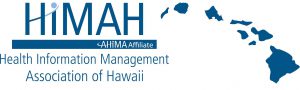 Loco for the Health Information Management Association of Hawaii which consists of blue letters and a blue map of the state