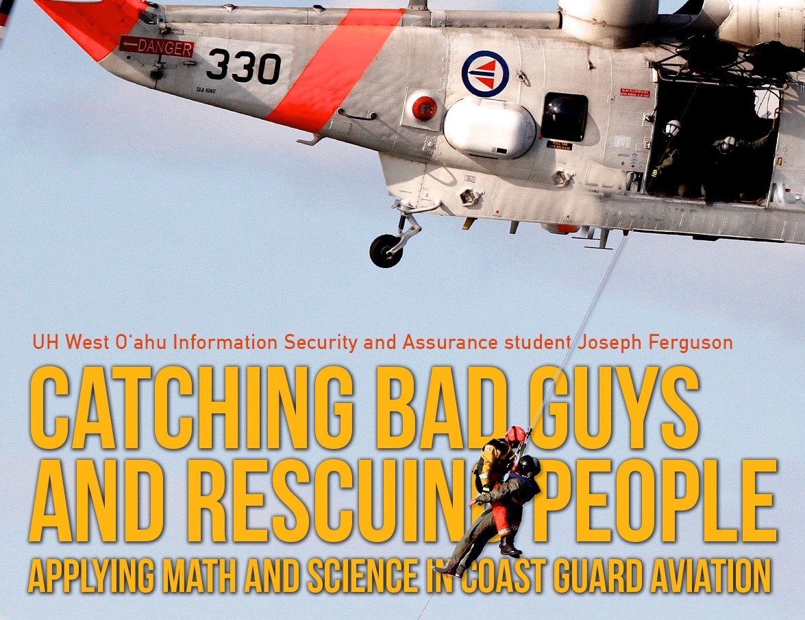 Flier for Math + Science + X seminar. Photo of a Coast Guard helicopter with a line dangling beneath it carrying to people during what appears to be a rescue. The text includes the title of the talk, along with time, date and place and who is speaking