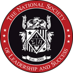 Round logo that is red, white and black. In the center is some sort of seal ringed with the words The National Society of Leadership and Success