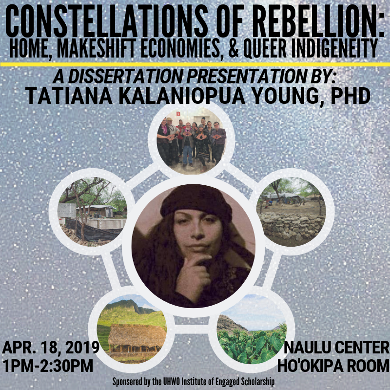 Flier for Dr. Kalani Young's dissertation talk. It gives the title of the talk along with the time and date and place. In the center of the flier is a photo of Young in a circle, surrounded by five other circles with each contains various pictures related to the talk, which is titled Constellations of Rebellion