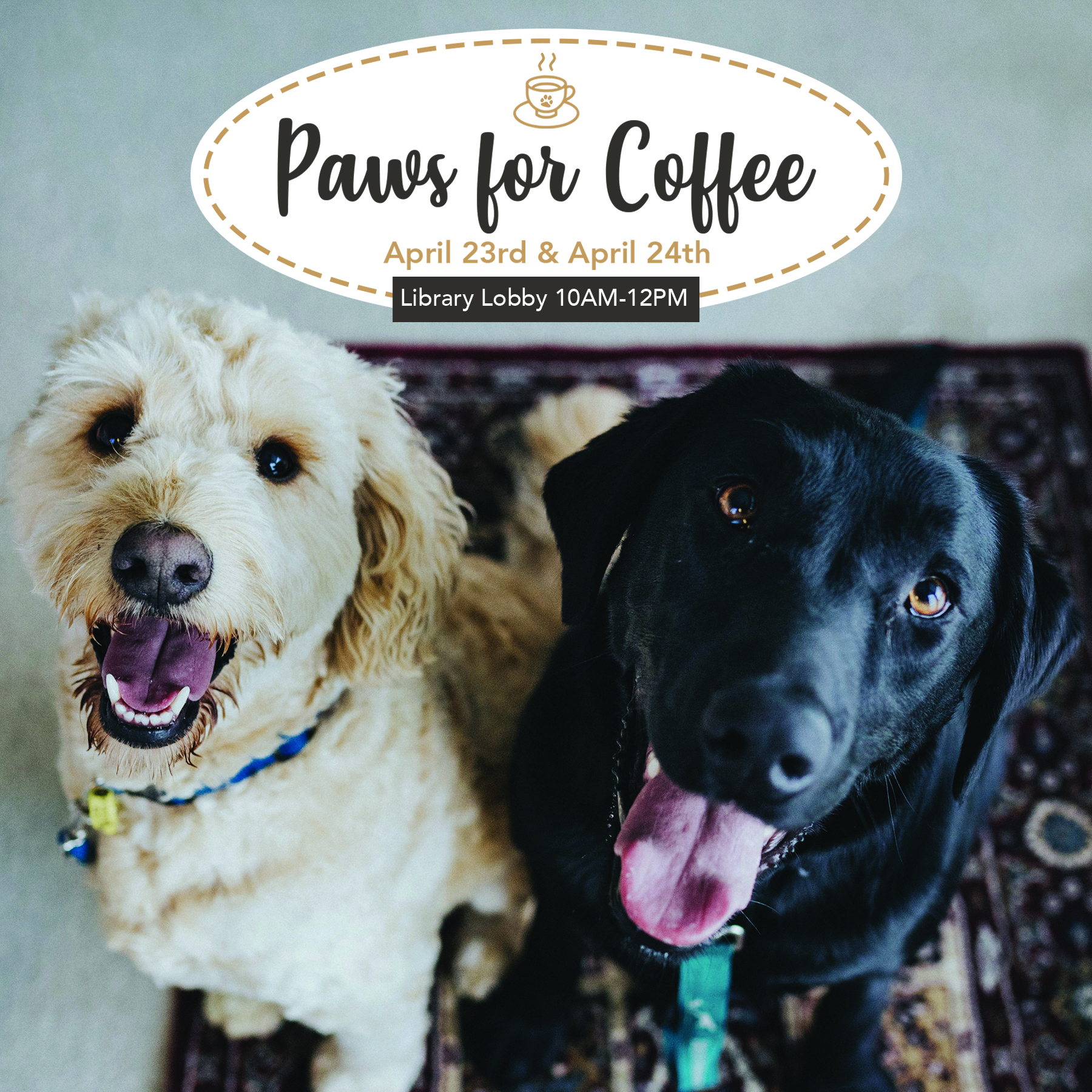 Flier for Paws for Coffee with a photo of a black dog and a white dog. The flier gives the time and date of the event