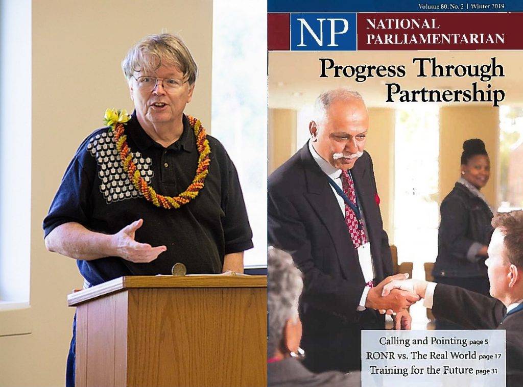 Photo montage. On the left is Dr. William Puette at a lecturn talking while wearing a lei. On the right is the cover of National Parliamentarian journal