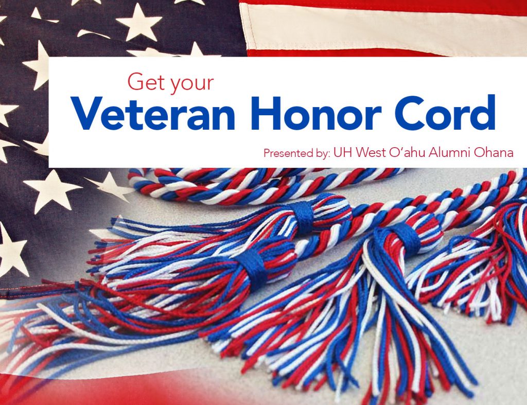 Photo montage in the background of U.S. flag and the Veteran Honor Cord, which is a red, white and blue cord with tassles. Includes words Get your Veteran Honor Cord and presented by UH West Oahu Alumni Ohana