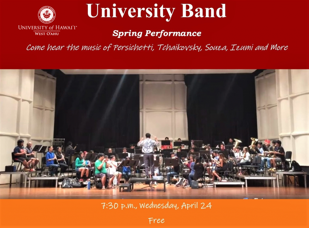Flier for the University Band Spring performance. The flier is composed of a broad red band at the top, a photo of the band practicing in the middle and an orange band at the bottom. The colored bands contain information about the performance, including time, date, place.
