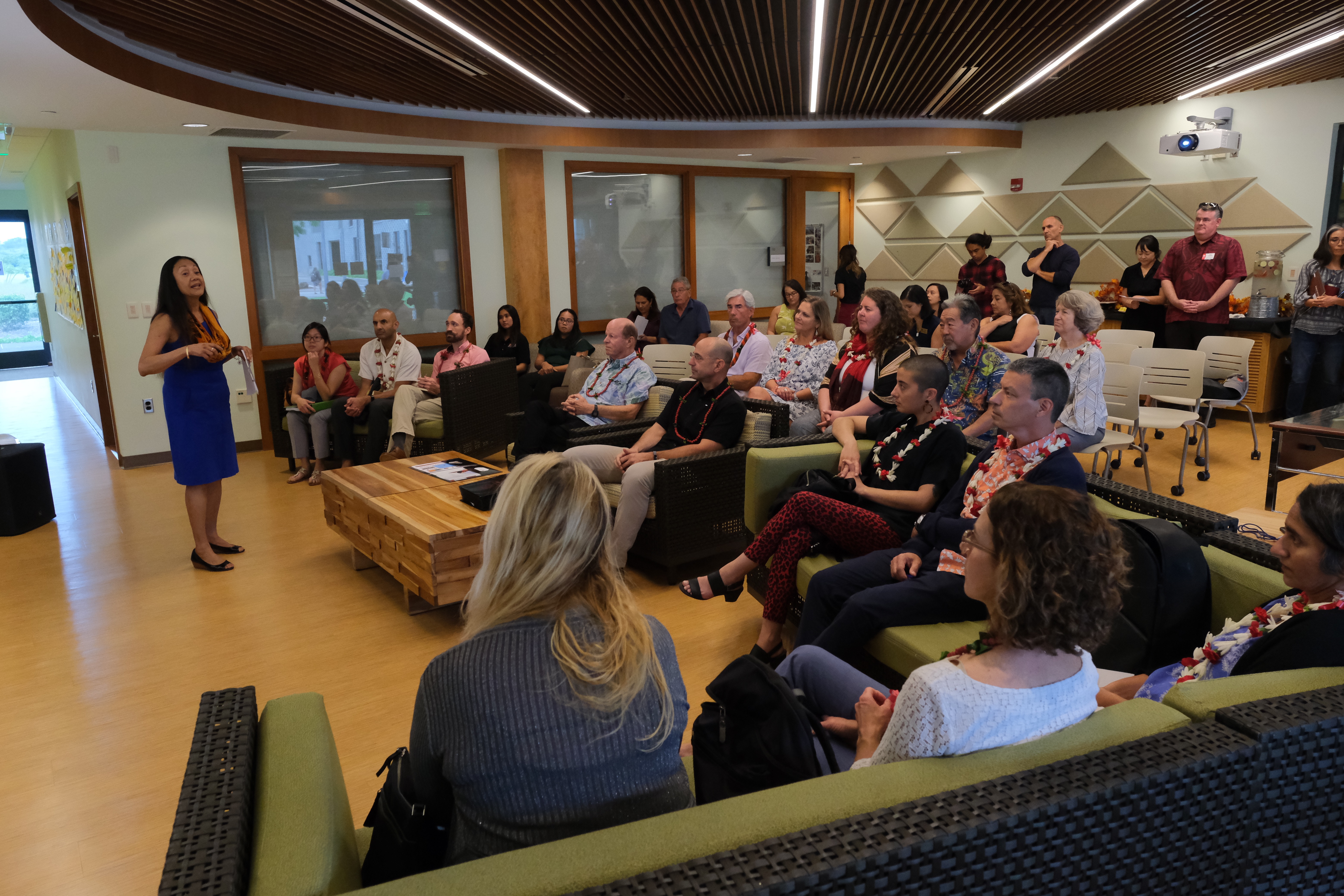 UH West Oʻahu Chancellor Maenette Benham talks to more than two dozen people, including representatives from the Stupski Foundation, at the Nāulu Center.